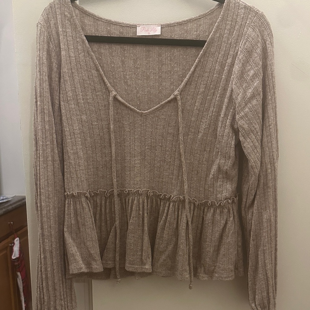 Pink Rose Taupe Long Sleeve Blouse